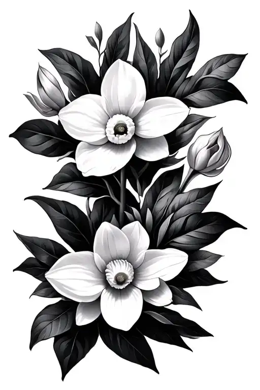 Daffodils And Magnolia Flowers With Dark Leaves