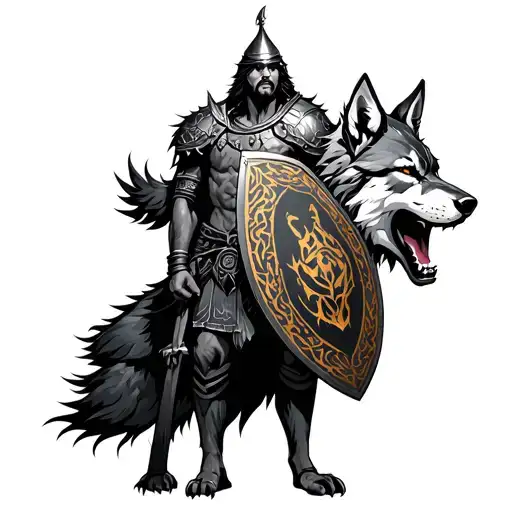 Warrior With Shield And Wolf