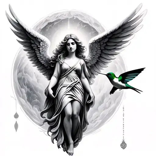 Angel With Big Wings Mixed With Hummingbird Surrounded