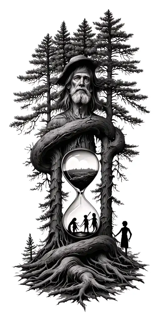 Pine Forest Wrap Around And Family Tree And Hour Glass Father With 3 Kid Girls