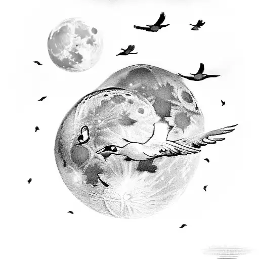 Moon With Clouds And Birds