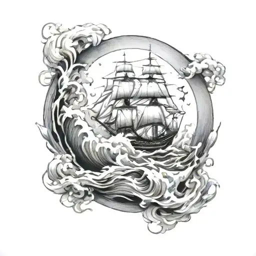 Sea Storm Ship Lightning Moon Merging Together