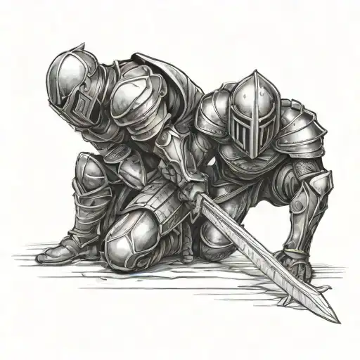 Warrior Knight With Sword On His Back Kneeling And Helping A Crying Man Up From The Ground