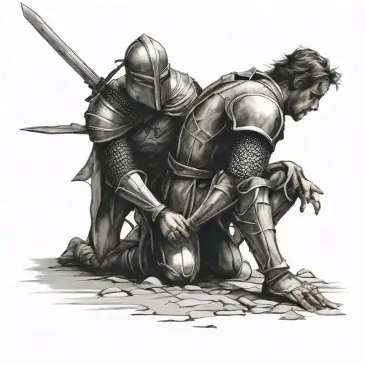 Warrior Knight With Sword On His Back Kneeling Giving A Helping Hand To A Man On The Ground