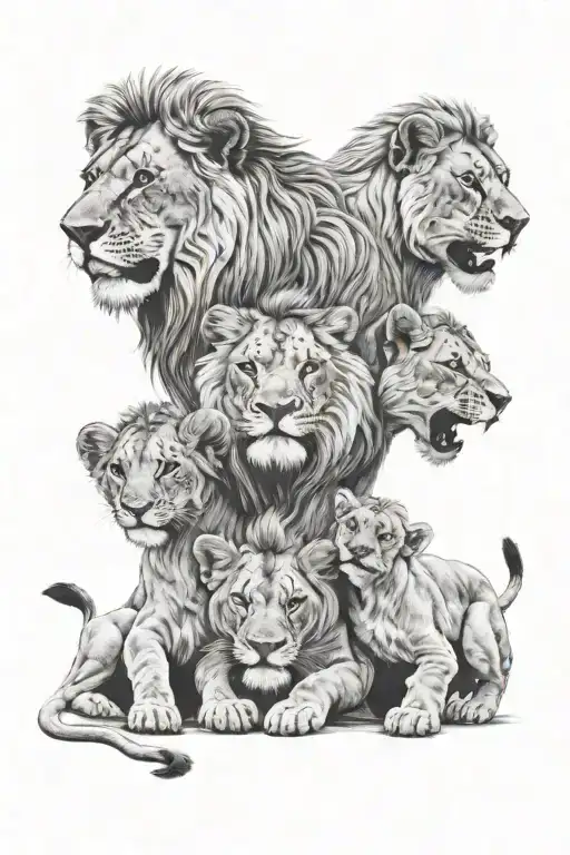 Male Lion With Two Cubs