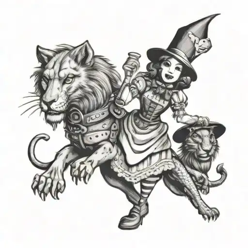 Dorothy From The Wizard Of Sand Oz With The Tin Man Scare Crow And Lion Gawking Around Her