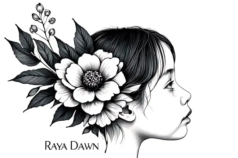 Baby Profile With Flower And The Name Raya Dawn In Fine Line