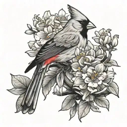 Yellow Jasmine And Red Cardinal Perched