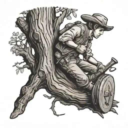 Boy Hiding In A Hole Of A Trunk Of Large Tree With A Musket