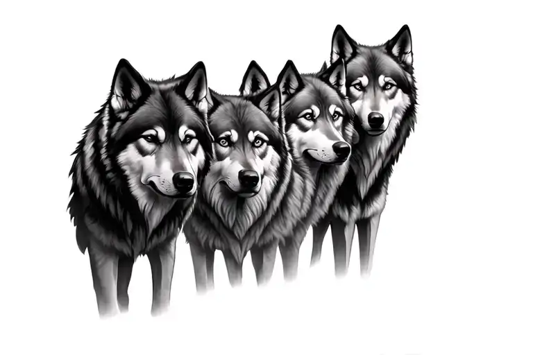 Five Wolves Representing Family Portrait