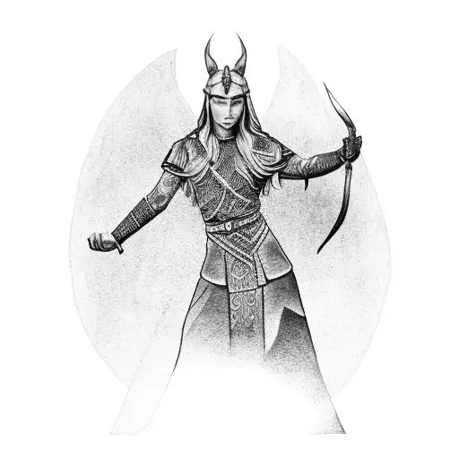 A Dotwork Tattoo Of A Majestic Norse Goddess Standing On A Mountain Peak