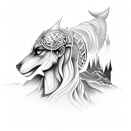 A Dotwork Tattoo Of A Majestic Norse Goddess Standing On A Mountain Peak