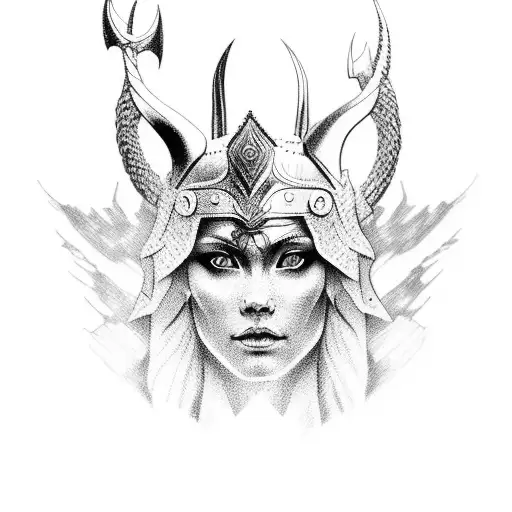 A Dotwork Tattoo Of A Majestic Norse Goddess Standing On A Mountain Peak