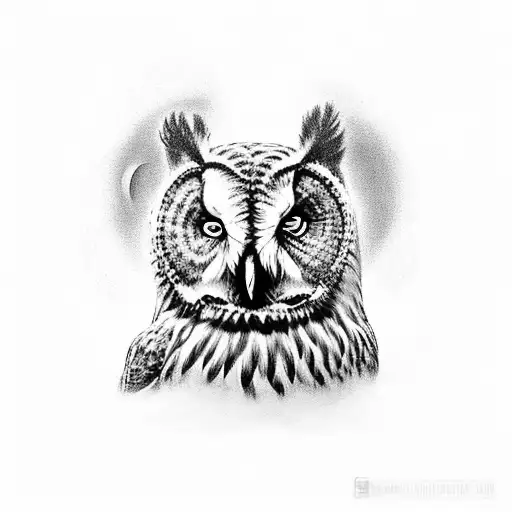 Black And Grey Owl With Blue Eyes And Moon