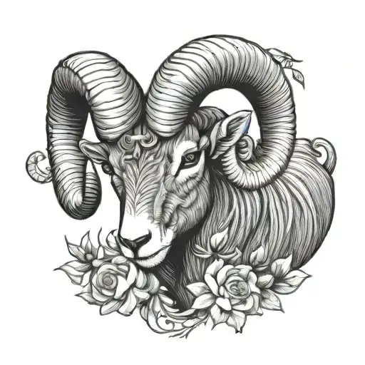 Half Aries Ram Head With Honeysuckle Flowers Growing