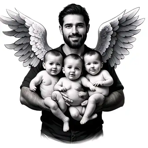 Dad Holding 3 Babies And The Middle Baby Has Angel Wings