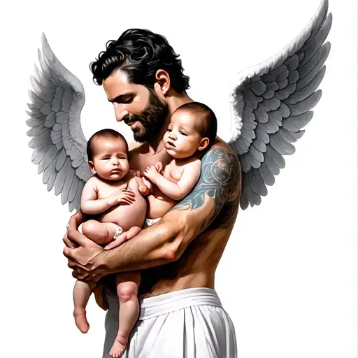 A Dad Holding 3 Babies And One Baby Has Angel Wings