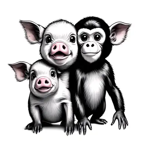 Cute Minipig And Cute Monkey Together