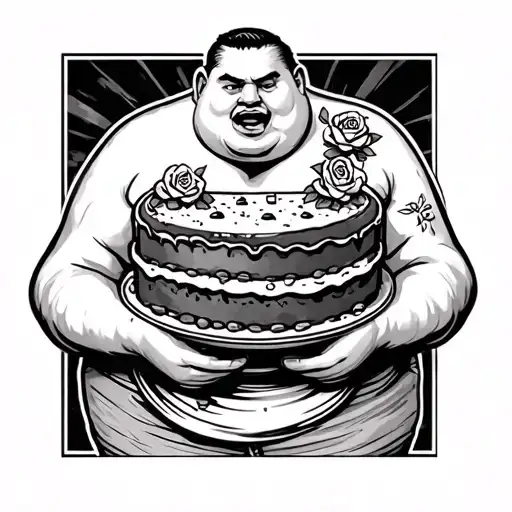 Fat Man Eating A Beef Cake With Little Roses On His Chest