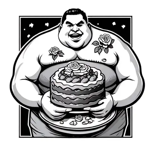 Fat Man Eating A Beef Cake With Little Roses On His Chest