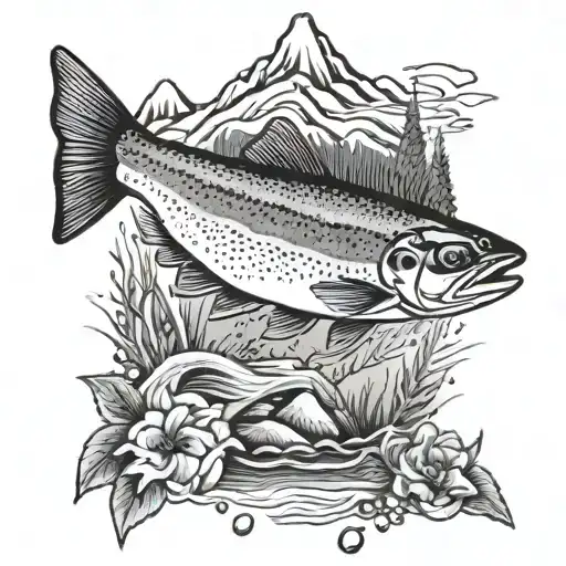 Rainbow Trout With River And Mountains