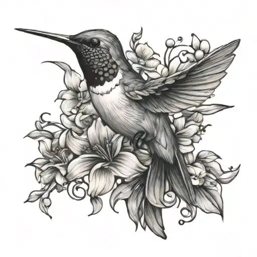 Humming Bird With Flowers