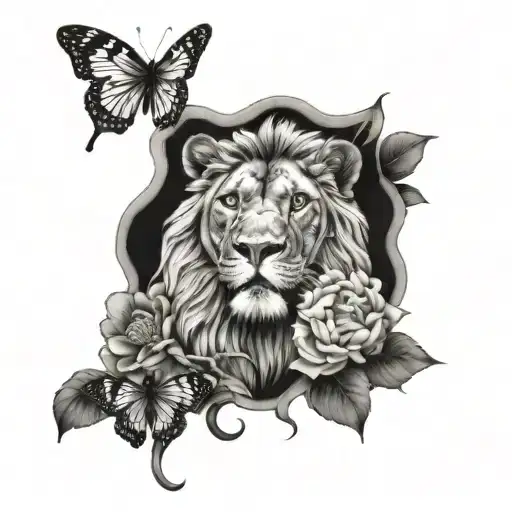 Butterflies With A Lion And Peonies Flower