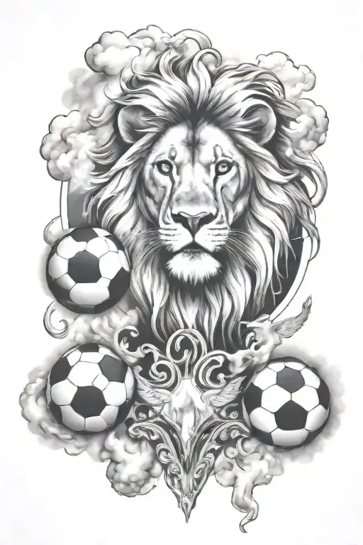 Soccer Tattoo On Back With Lion Head Surrounded By Smoke And Clouds With Angels