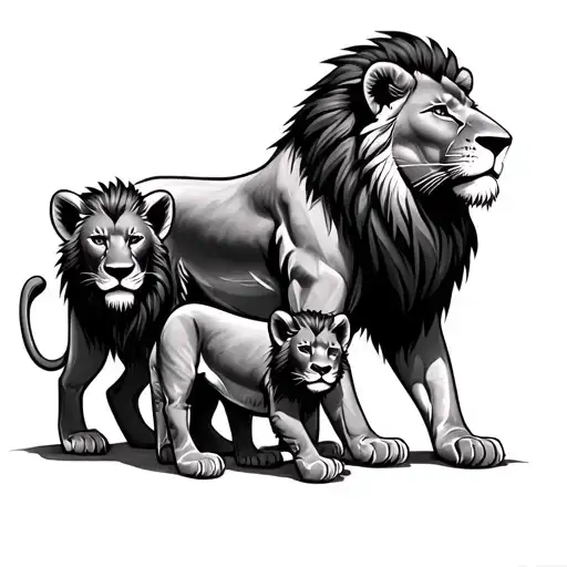 Warrior Lion And Two Cubs