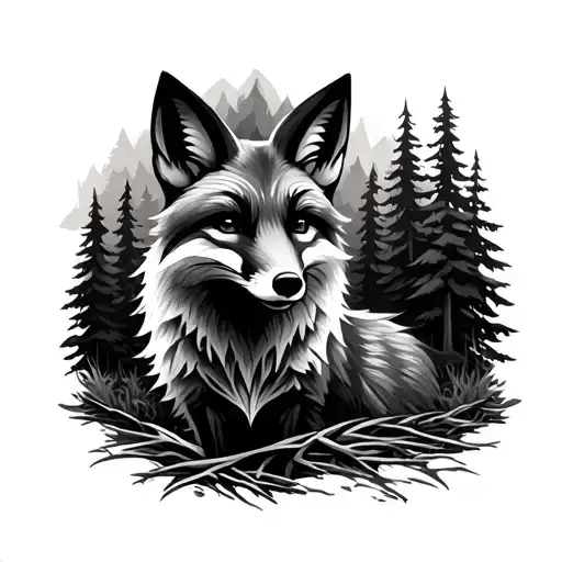 Small Trible Tattoo Design Of Fox Surrounded By Forest