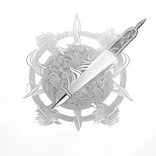 A Chinese Spear With Flames On Right Side And Lotus On Left Sife