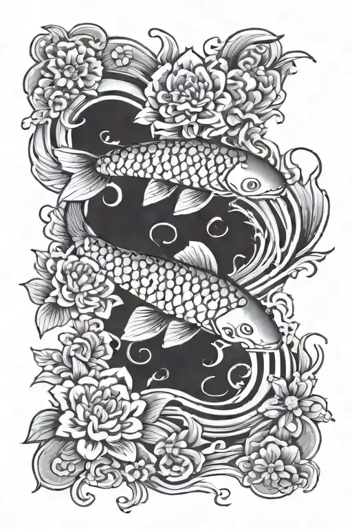 Flowers And Koi Fish Swimming Upstream And Downstream Irezumi Style Upper Half Sleeve