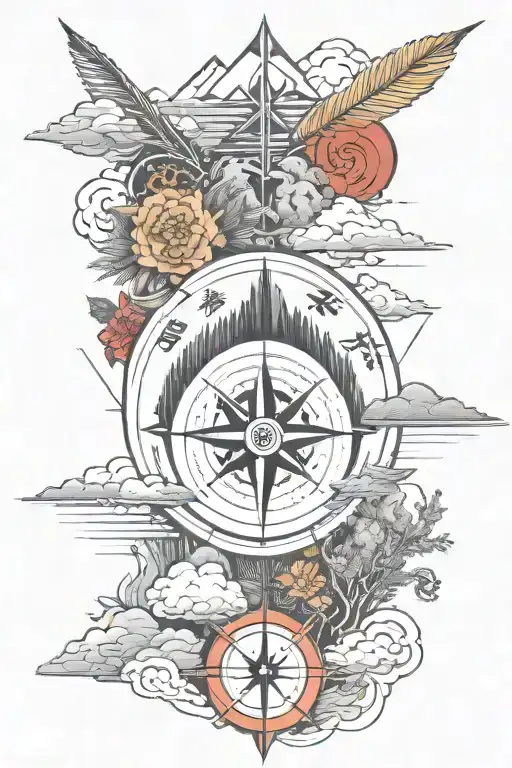 Arrow And Compass With Island And Mountain Vibes Japanese Clouds In Back Ground