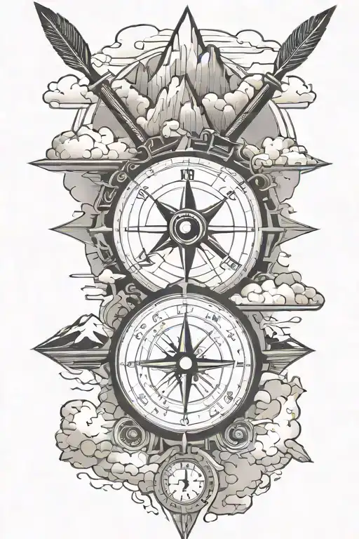 Arrow With Compass In The Middle And Clouds In Back Ground And Some Mountains