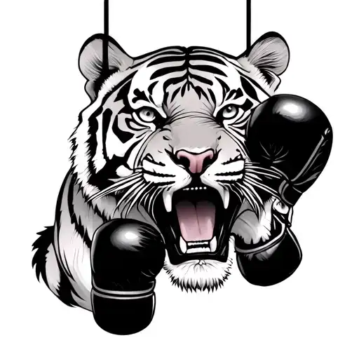 Tiger Biting The String Of Boxing Gloves Hanging