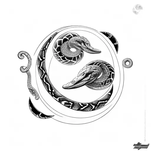 Moon With 2 Snakes Going Down It In A Helix Spiral