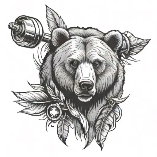 Bear Head Holding Barbell Surrounded By 3 Feathers