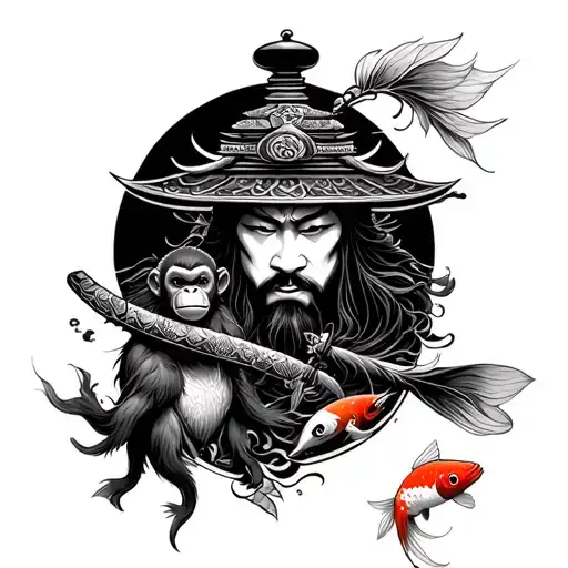 Samurai With Koi Fish And Monkey Aesthetich Style