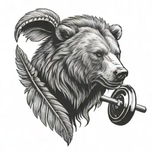 Bear Head Holding Barbell Surrounded By 3 Feather Feather Feather