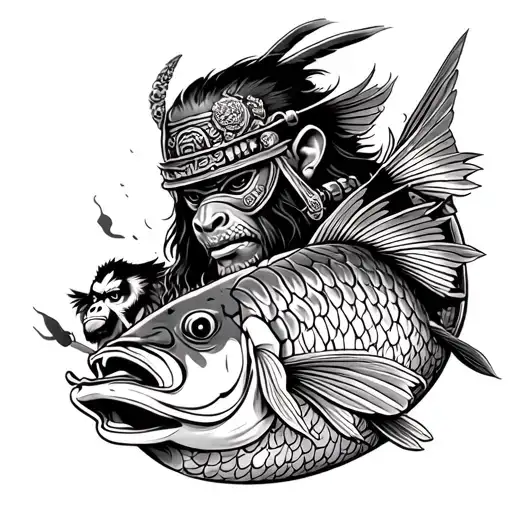 Samurai With Mask Fish And Monkey Aesthetich Style Tattoo Sleeve