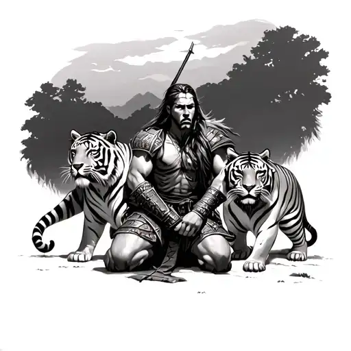 Warrior Kneeling Before Tigers At Night