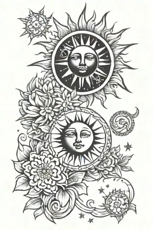 Pretty Celestial Sun And Moon With Stars And Flowers