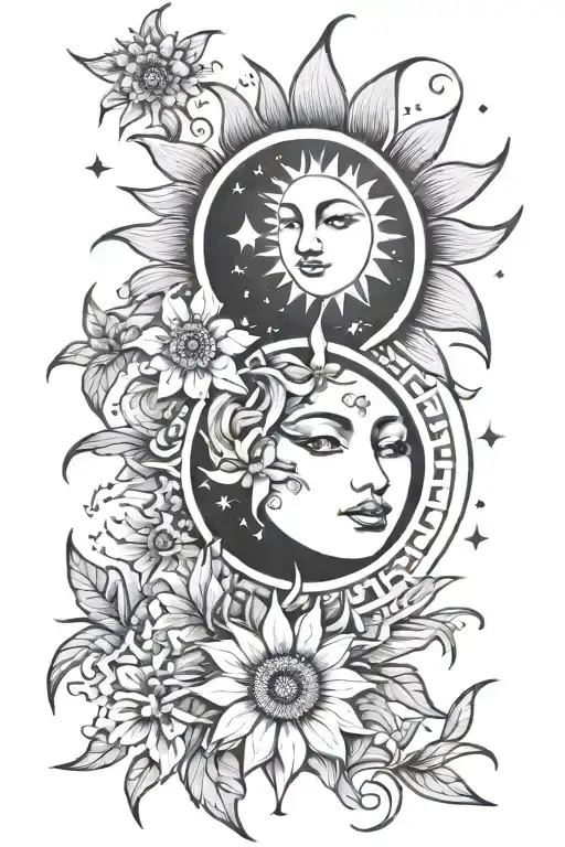 Pretty Celestial Sun And Moon With Stars And Flowers
