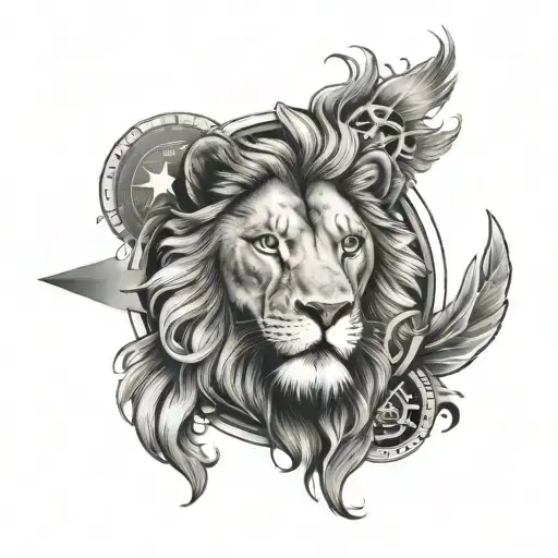 Half Lion Face Half Compass Design Incorporating Elements