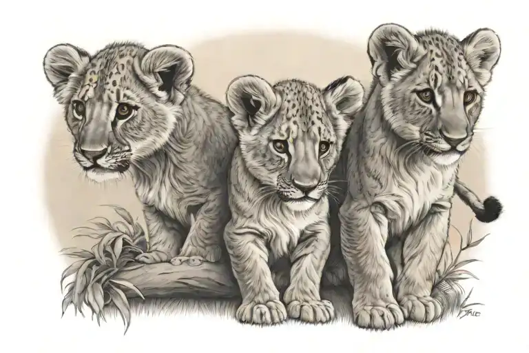 3 Lion Cubs Watching Sunset With Angel Lion Club Flying