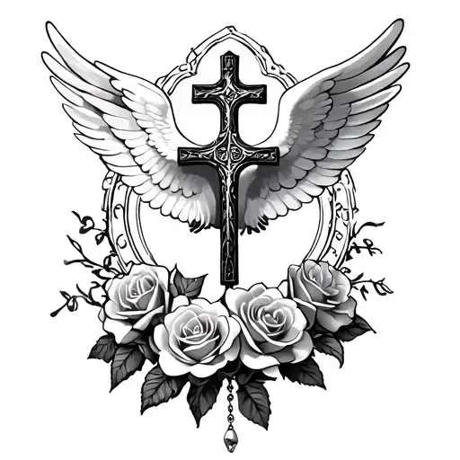 Cross And Dove Wings Coming Around The Back Roses And Rosary Around It