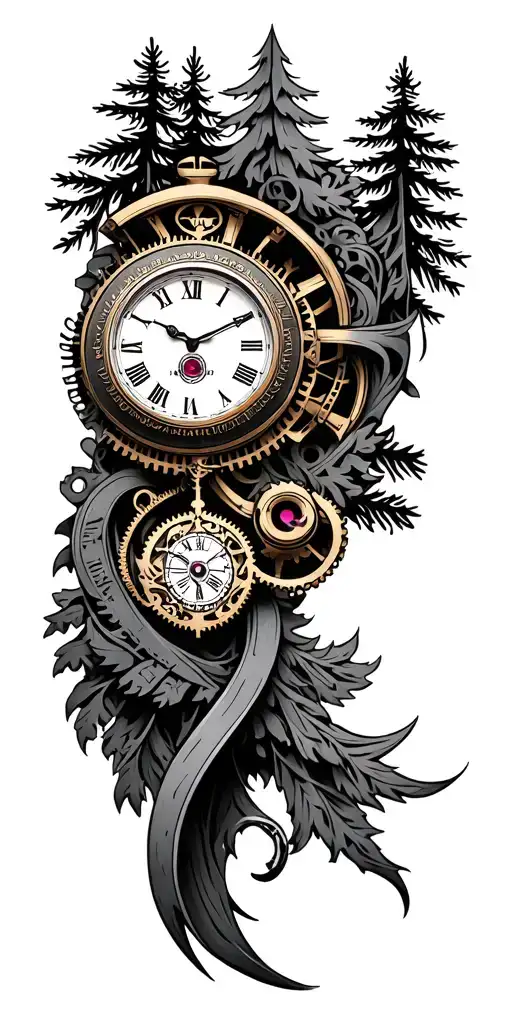 An Intricate Clockwork Design Intertwined With Military Insignia And Pine Trees