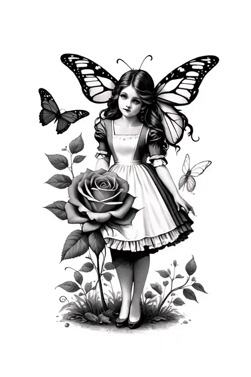 Alice In Wonderland Full Length Study Including A Butterfly A Rose And A Fairy Scene