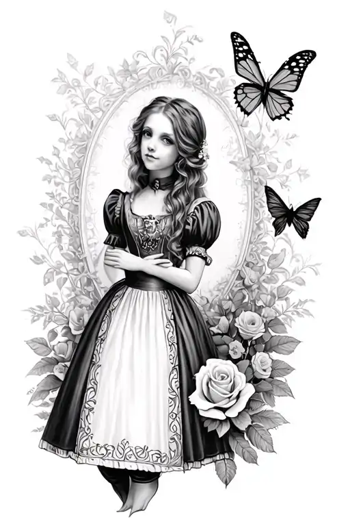 Gothic Alice In Wonderland Full Length Study Including A Butterfly A Rose And A Fairy Scene