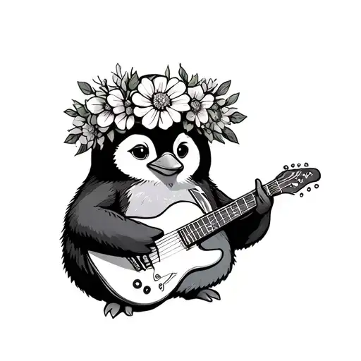 Penguin Wearing Flower Crown Holding Guitar